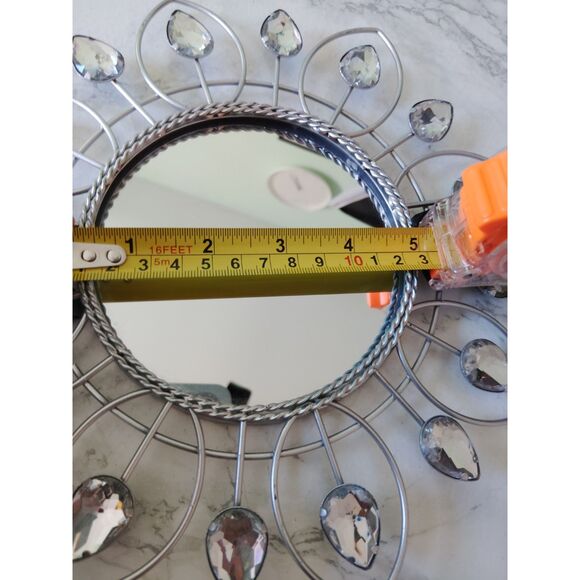 Round Wall Accent Decorative Mirror Silver Metal Flower Rhinestone 9.5" - Picture 4 of 13